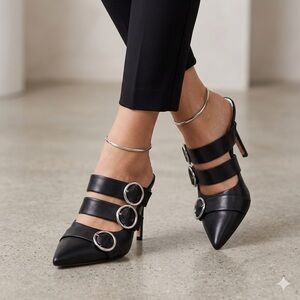 Linea Paolo Upton Pointed Toe Stiletto Mule Heels Black Multi Strap Size 11M